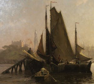 Julius Friedrich Ludwig Runge - Olieverf op doek, Schip in de haven van Hamburg - Ingelijst (groot) kopen? Bied vanaf 700!