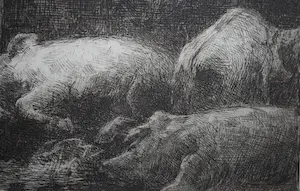 Eduard Karsen - in de varkensstal - ets uit 1892, in zeer goede staat kopen? Bied vanaf 75!