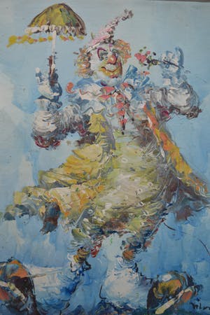 Niet of onleesbaar gesigneerd - Clown met parasol en bloem - Olieverf - Gesigneerd kopen? Bied vanaf 1!