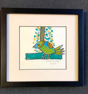 Corneille - Originele ingelijste tekening - De Groene Vogel - 2008 verkocht voor € 1600!