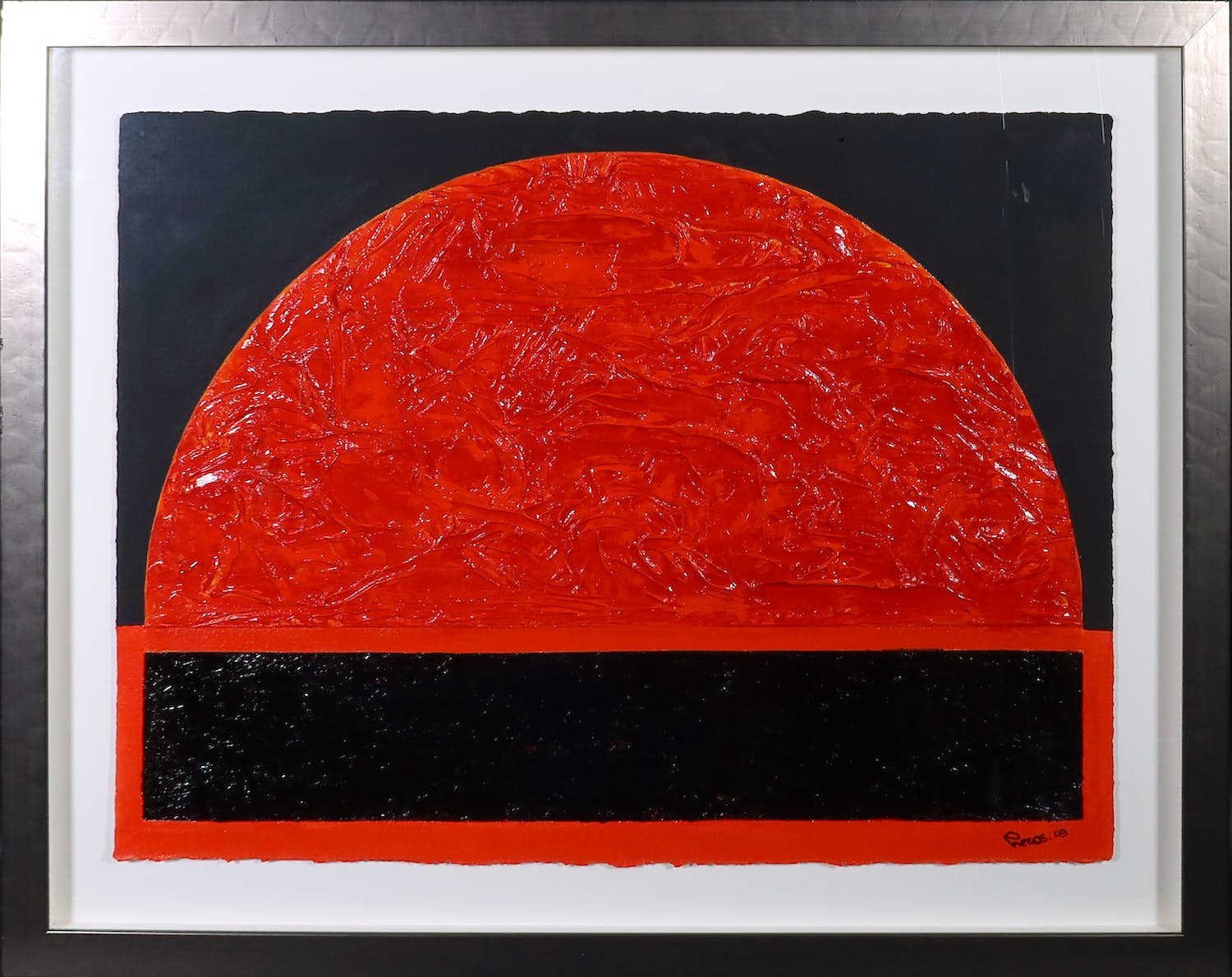 Pim Lenos - Olieverf op papier, Compositie in rood en zwart - Ingelijst verkocht voor € 1!