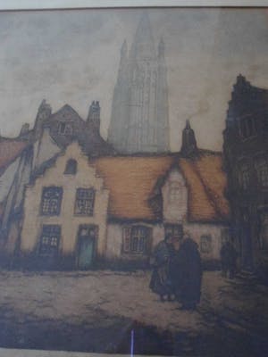 Alfred van Neste - Kleuren ets,straatje te Brugge kopen? Bied vanaf 15!