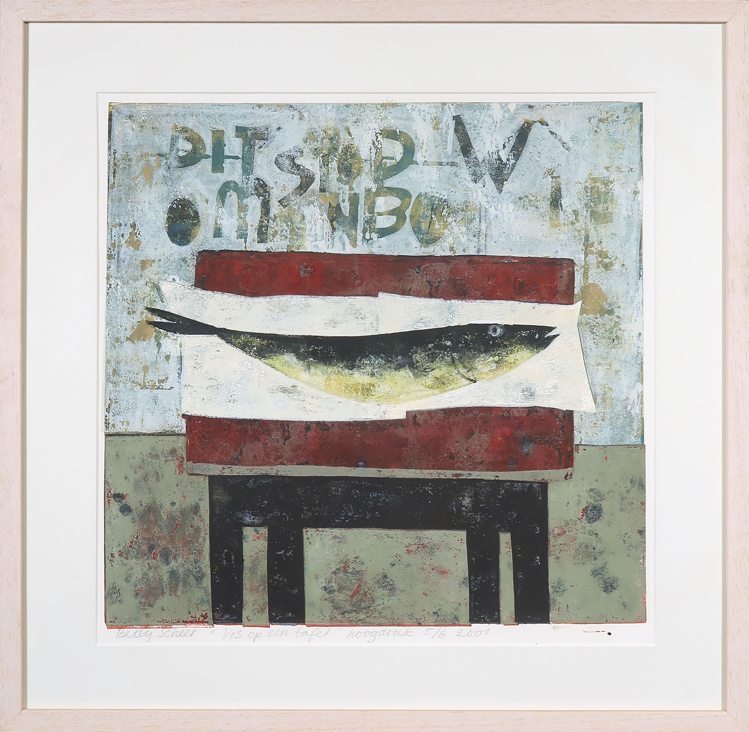 Betty Scheer - Linosnede, Vis op tafel - Ingelijst kopen? Bied vanaf 40!