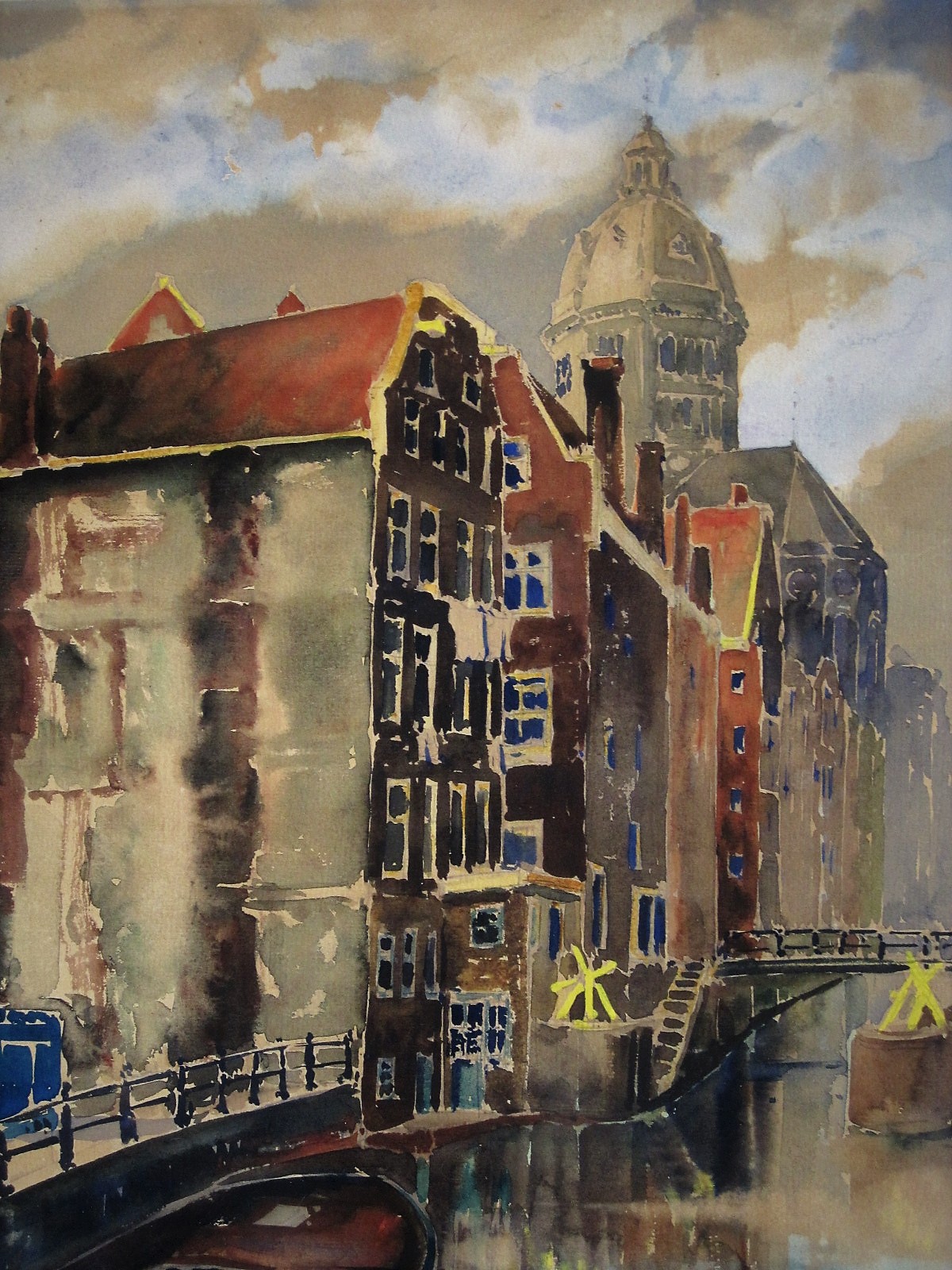 Niet of onleesbaar gesigneerd - Sfeervolle oude Aquarel "Amsterdam oudezijds Kolk en Nicolaaskerk" gesigneerd verkocht voor € 1!
