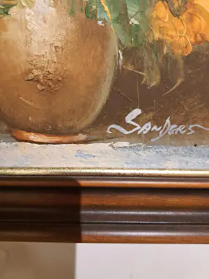 Edmond Sanders - Stilleven met zonnebloemen in bolvormige, goudkleurige vaas kopen? Bied vanaf 250!