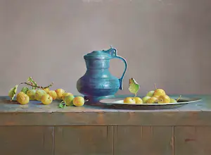 Hans Habraken - Stilleven met blauwe kan en gele pruimen kopen? Bied vanaf 795!