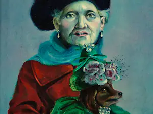 Yvonne Schot - Fraai realistisch olieverf "vrouw met hondje" expositie galerie Lieve Hemel 1974 kaufen? Bieten Sie von 78!