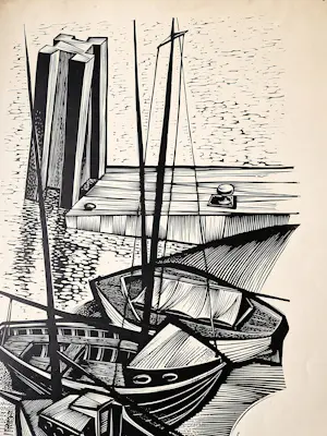 Gerard Gaudaen - grote in 1959 gemaakte Hout/Linosnede - haven met bootjes - potloodgesigneerd kopen? Bied vanaf 31!