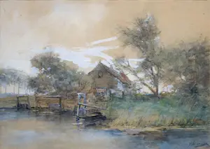 Jan Hillebrand Wijsmuller - Gemengde techniek - "Boerderij en aanlegsteiger aan vaartje" kaufen? Bieten Sie von 195!