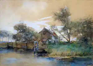 Jan Hillebrand Wijsmuller - Gemengde techniek - "Boerderij en aanlegsteiger aan vaartje" verkauft für € 195!