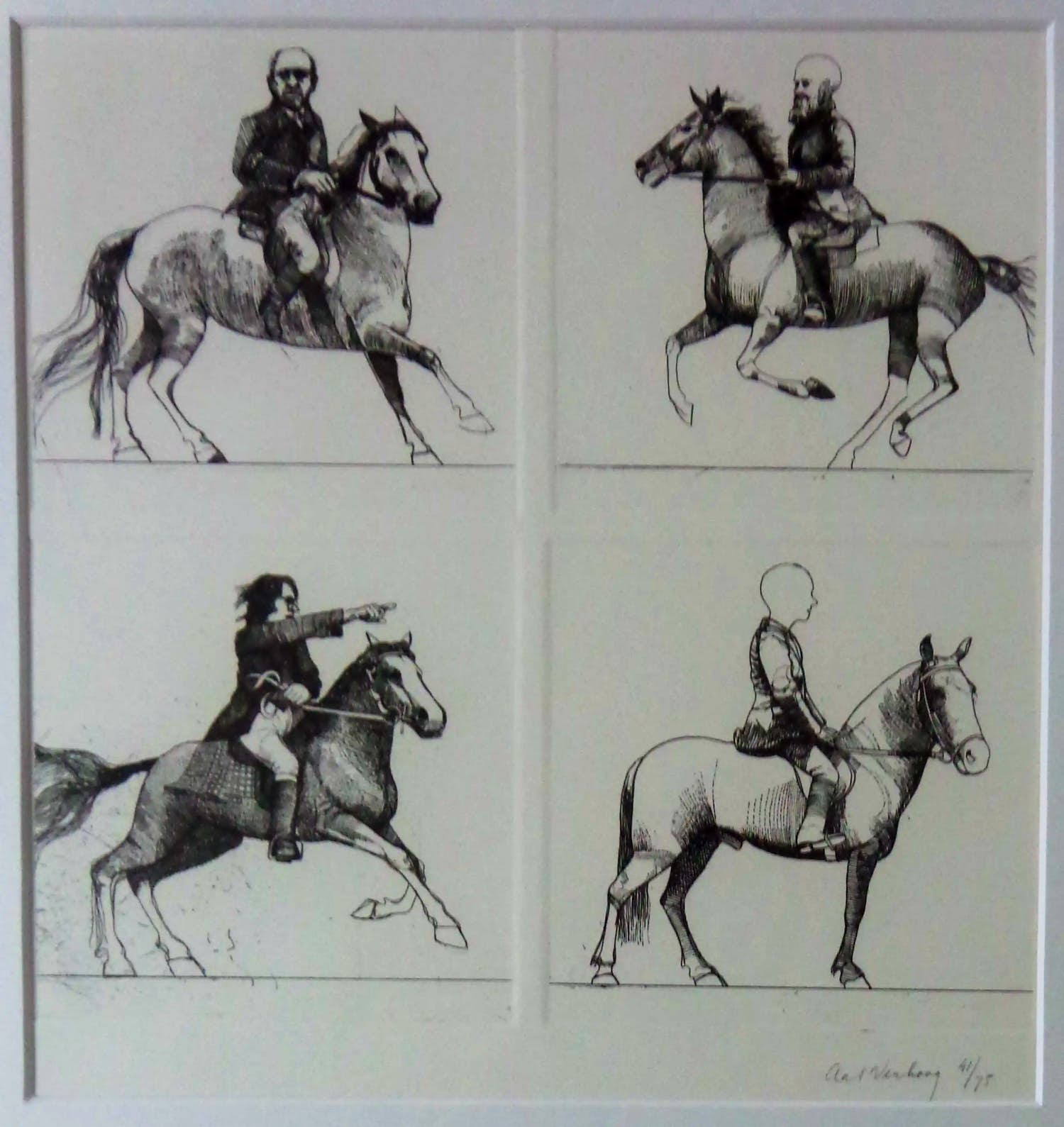 Aat Verhoog - VIER RUITERS TE PAARD / 4x ZW-W ETS / 67x50cm / KADER / SIG kopen? Bied vanaf 25!