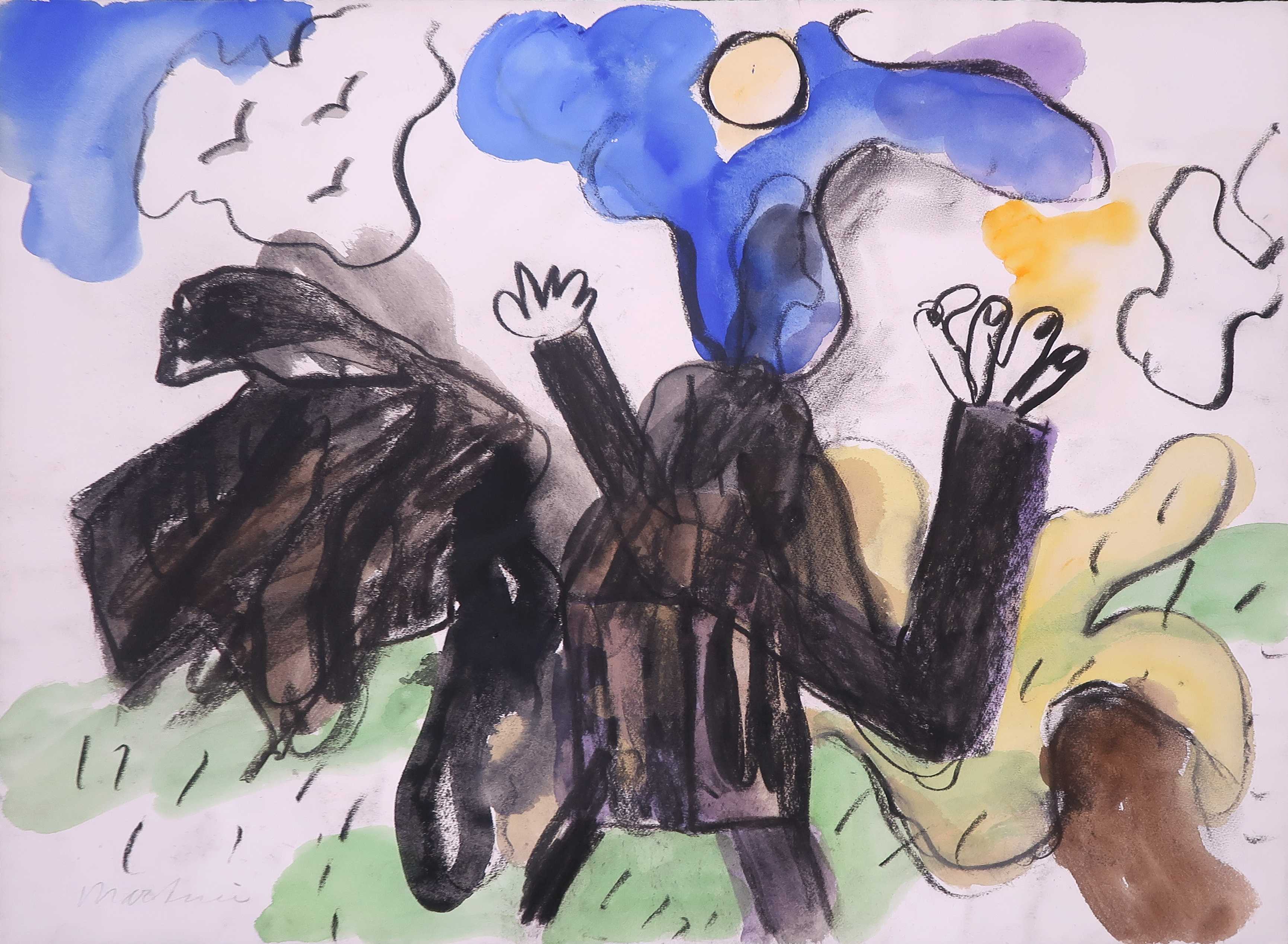 Anton Martineau - Houtskool en aquarel, Zonder titel verkocht voor € 50!