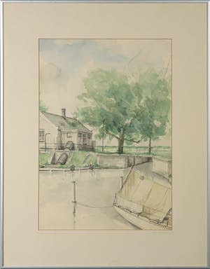 Paul Schiffers - Aquarel, Boten voor de sluis Eemnes - Ingelijst kopen? Bied vanaf 1!