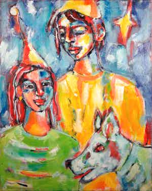 Christine Spierings - Olieverf op doek, z.t. Figuren met blauwe hond verkocht voor € 60!