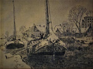 Niet of onleesbaar gesigneerd - Fraaie droge-naald ETS "afgemeerde boten aan kade" niet gesigneerd kopen? Bied vanaf 10!