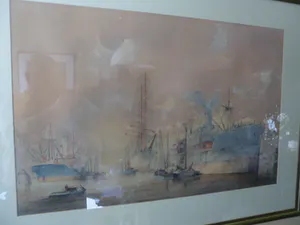 Marius de Jongere - Aquarel, "Zicht op Rotterdamse haven". kopen? Bied vanaf 150!