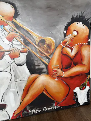 Theo Broeren - Glicée met acryl op doek ‚ Muziek spelen‘ (ZEER GROOT) kopen? Bied vanaf 145!