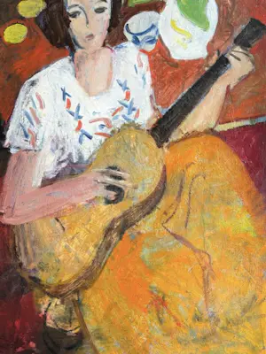 Rene Mels - Frau mit Gitarre – Großes und wunderschönes ausdrucksstarkes Gemälde kopen? Bied vanaf 800!