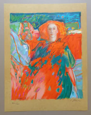 Claudia Steine - VROUW MET RODE JURK / KLEURLITHO / 65x50cm / SIG kopen? Bied vanaf 35!