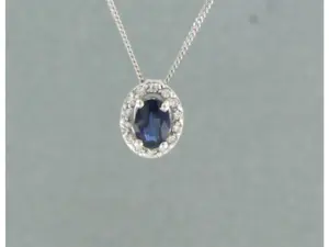 14k gouden collier en entourage hanger met saffier en briljant geslepen diamant kopen? Bied vanaf 220!