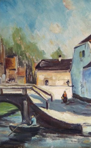 Niet of onleesbaar gesigneerd - Belgische school 20e eeuw - Dorpsgezicht kopen? Bied vanaf 1!