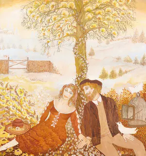Josche Roverts - Olieverf op paneel, Liefdespaar in landschap (met duiven) - Ingelijst kopen? Bied vanaf 70!