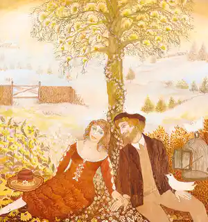 Josche Roverts - Olieverf op paneel, Liefdespaar in landschap (met duiven) - Ingelijst verkocht voor € 70!