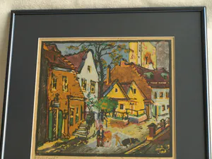 Niet of onleesbaar gesigneerd - Ingelijste kleurenhoutsnede , Stadsgezicht – ca. 1940 kopen? Bied vanaf 1!