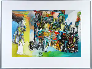 Rachid Ben Ali - Gemengde techniek op papier, Zonder titel - Ingelijst verkocht voor € 1!