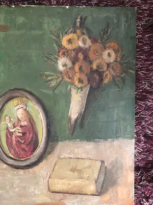 Jan Linschooten - gevarieerd stilleven met o.a. droogboeket en religieus portret in lijstje kopen? Bied vanaf 1!