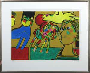 Corneille - Litho, L'autour du chat bleu - Ingelijst verkocht voor € 250!