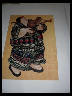 Ada Breedveld - Zeefdruk. z.t. (Dame in kimono met aap) kopen? Bied vanaf 30!