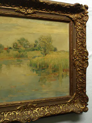 Albert Mulder - Olieverf op doek, Landschap aan het water – Lijst, 60 x 70 cm. kopen? Bied vanaf 20!