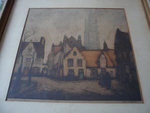 Alfred van Neste - Kleuren ets,straatje te Brugge kopen? Bied vanaf 15!