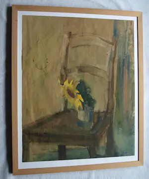 Bob ten Hoope - Ingelijste aquarel , Zonnebloem op Stoel – Lijst, 58 x 48 cm. kopen? Bied vanaf 1!