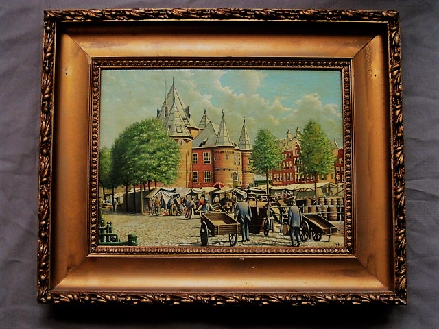 Niet of onleesbaar gesigneerd - Leuk ca. 1920 olieverf "Amsterdam marktdag op Nieuwmarkt" gesigneerd kopen? Bied vanaf 1!