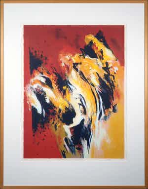 Mattie Schilders - Zeefdruk, Gele rotsen als wolken om een bergtop - Ingelijst (Groot) verkocht voor € 20!