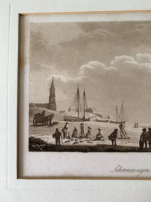 Samuel Ireland - Ets aquatint Scheveningse Strand met Vissers + oude landkaart van Scheveningen kopen? Bied vanaf 29!