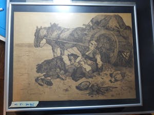 Niet of onleesbaar gesigneerd - Zeer gedetailleerde pentekening van een verkopers paar met trekpaard kopen? Bied vanaf 10!