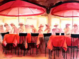 Jurjen Fontein - Mensen op terras - Aquarel verkocht voor € 120!