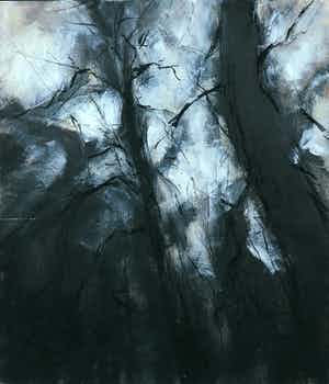 Wim de Bruin - Acryl met krijt op hardboard, Licht tussen de bomen (met ophangsysteem) verkocht voor € 50!