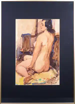 Arie Zwart - Aquarel, Zittend naakt - Ingelijst verkocht voor € 150!