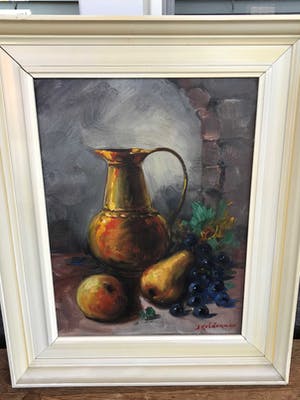 Jan Kelderman - Stilleven met een Kan en een Appel en een Peer en Druiven kopen? Bied vanaf 50!