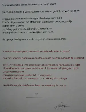 Antonio Saura - Map: Vier maskers bij zelfportretten van Antonio Saura / Quatro Mascaras kopen? Bied vanaf 895!