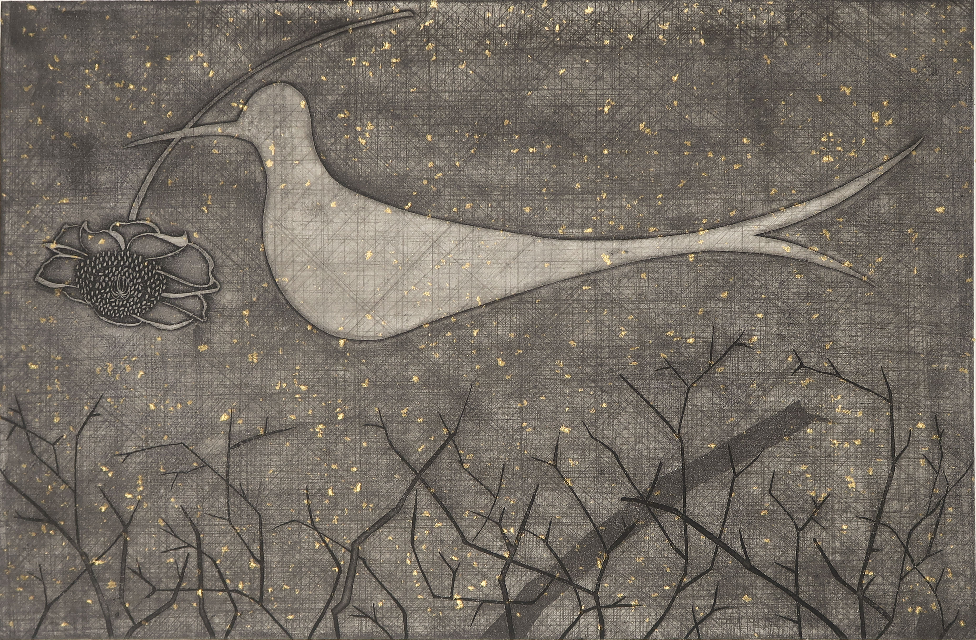 Niet of onleesbaar gesigneerd - Litho, Vogel met bloem en gouden details kopen? Bied vanaf 1!