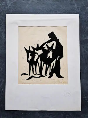 Jelle Otter - Groninger kunstenaar en graficus - linosnede "man met ezels" - eigen druk - 1964 kaufen? Bieten Sie von 38!