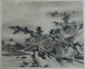 Niet of onleesbaar gesigneerd - Ingelijste zw/w inkttekening / aquarel , Japan? China? , Landschap kopen? Bied vanaf 1!