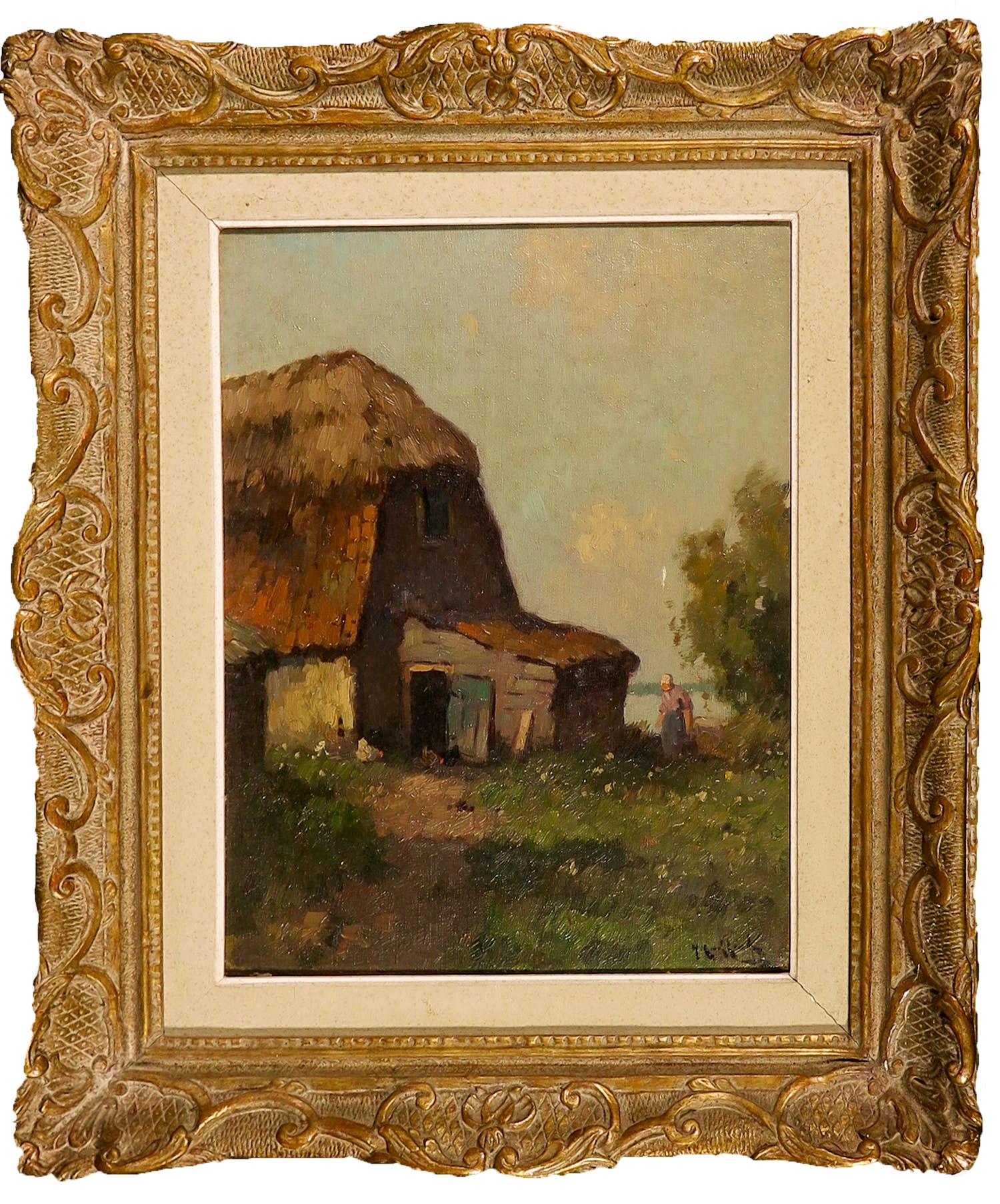 Henri Endlich - Olieverf op doek, Boerderij aan een plas - Ingelijst verkocht voor € 1!