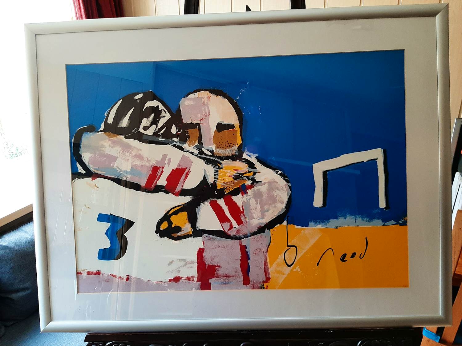 Herman Brood - Zeefdruk, "Americain Football". Ingelijst is groot werk verkocht voor € 375!