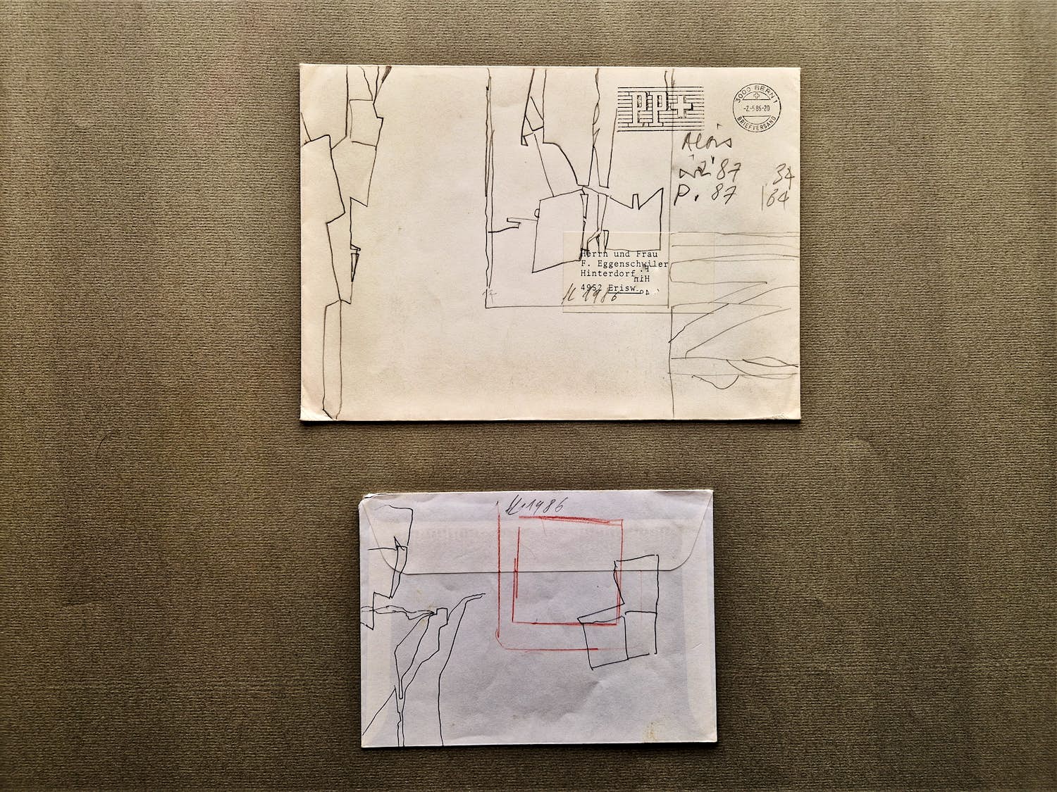 Franz Eggenschwiler - Schweiz modernistischen Kunstler - 2 Telefonzeichnungen, 1985/86, gesigneerd verkocht voor € 60!